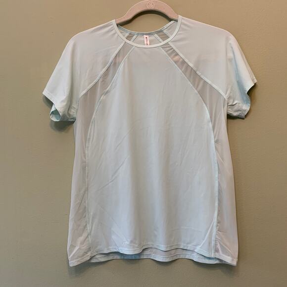 Athleta Crew Neck Top Women XS Blue Sheer Side Panels Short Sleeves Ultra Light - Picture 1 of 8